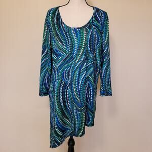 EUC Slinky Brand XL Tunic Top Asymmetrical Pullover 3/4 Sleeve Scoop Neck Blue